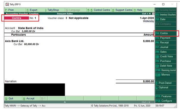 Contra Voucher F4 in Tally.Erp9